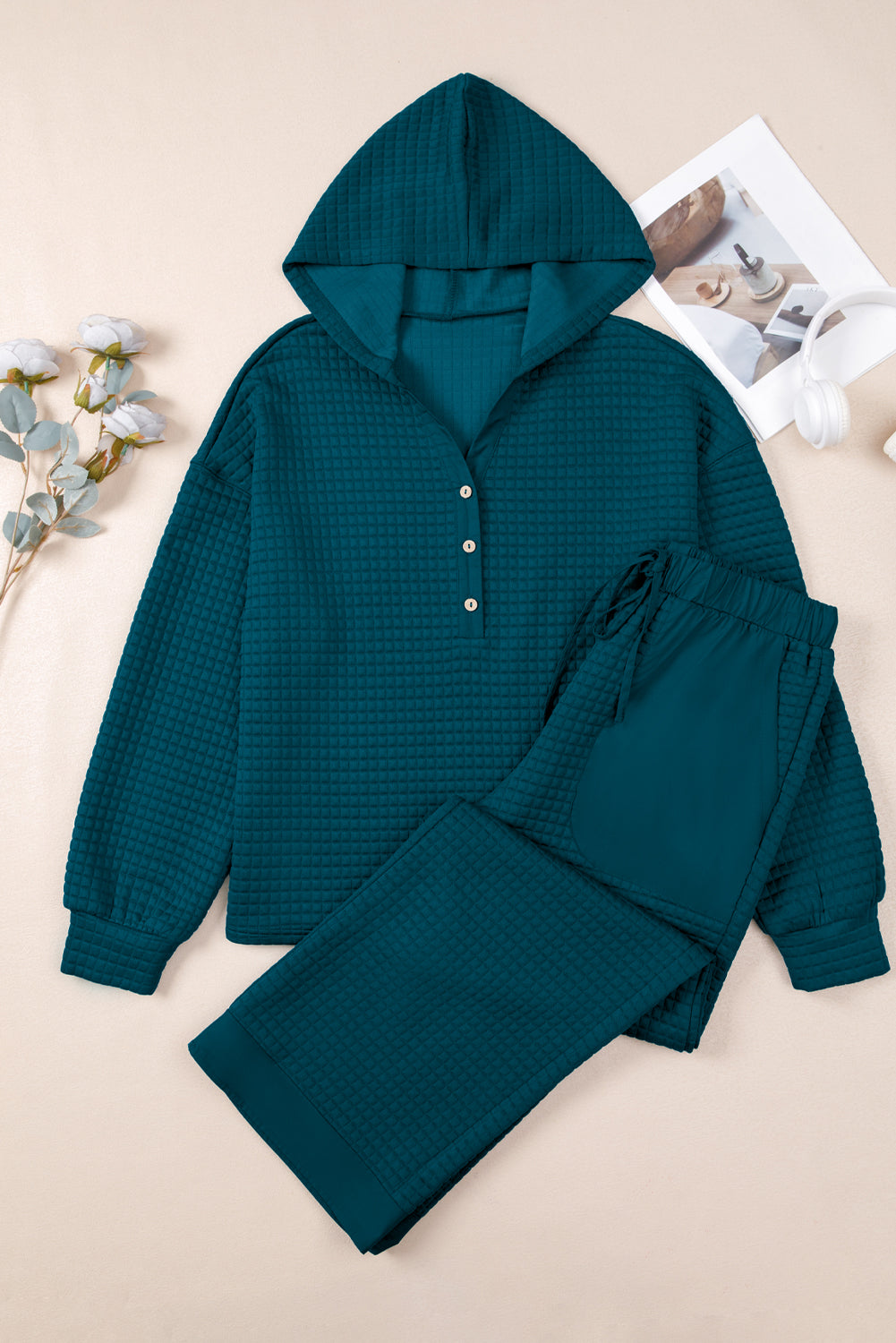 Checkered Texture Hooded Top and Loose Pants Set