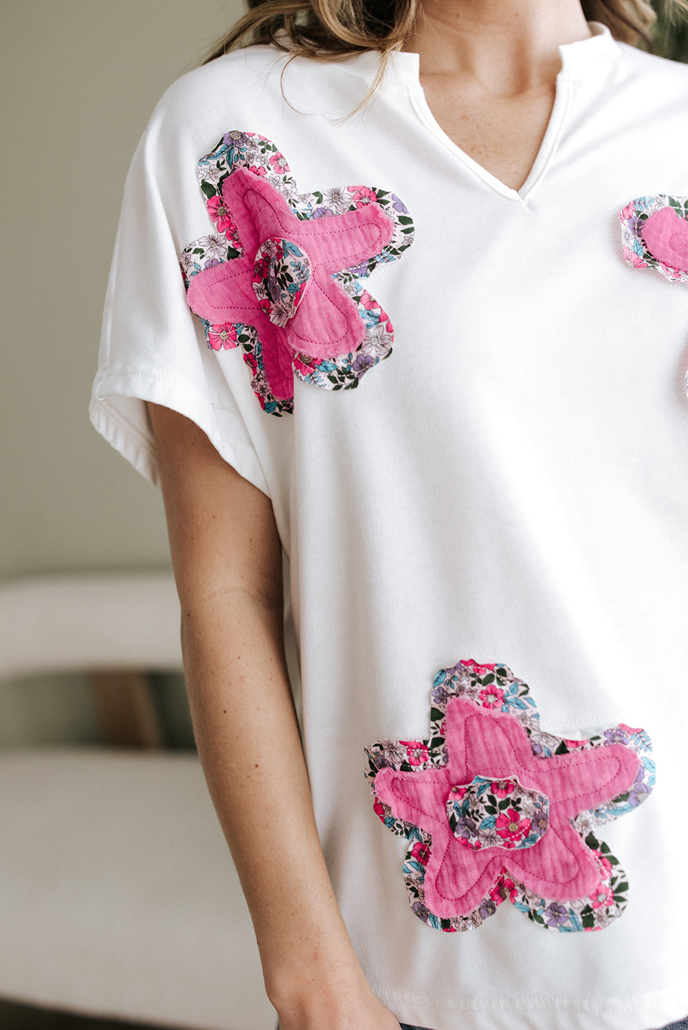 White Floral Applique Notched V-Neck Dolman Sleeve Top