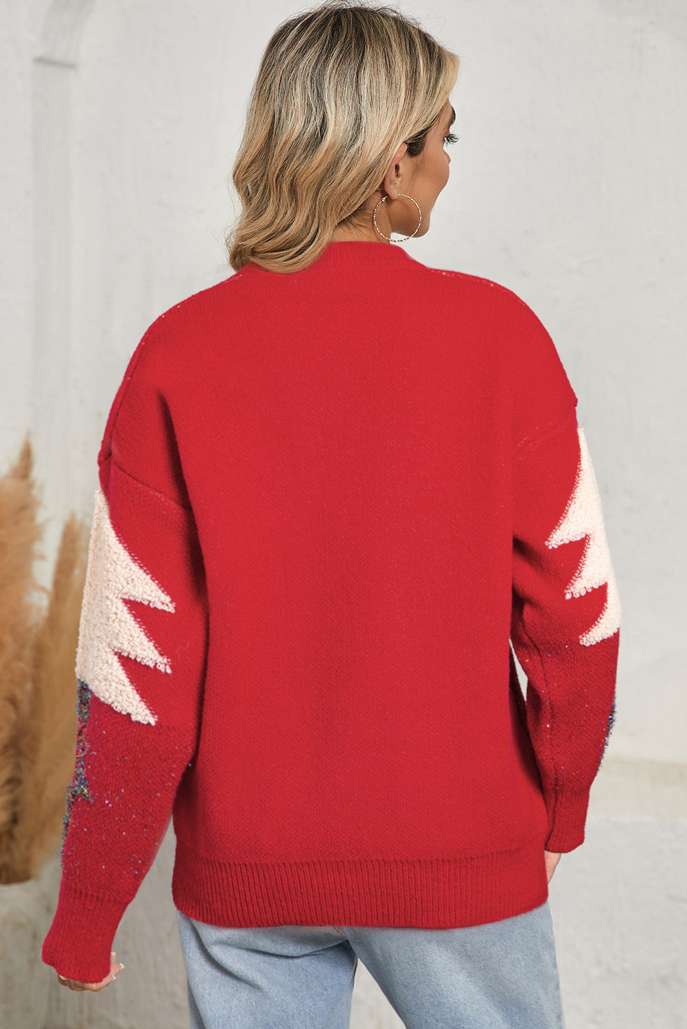 Red Sequin Christmas Tree Fawn Jacquard Thickened Pullover Sweater