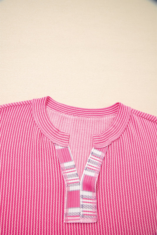 Rose Red Corded Texture Plaid Colorblock Patchwork Split Neck Long Sleeve Top