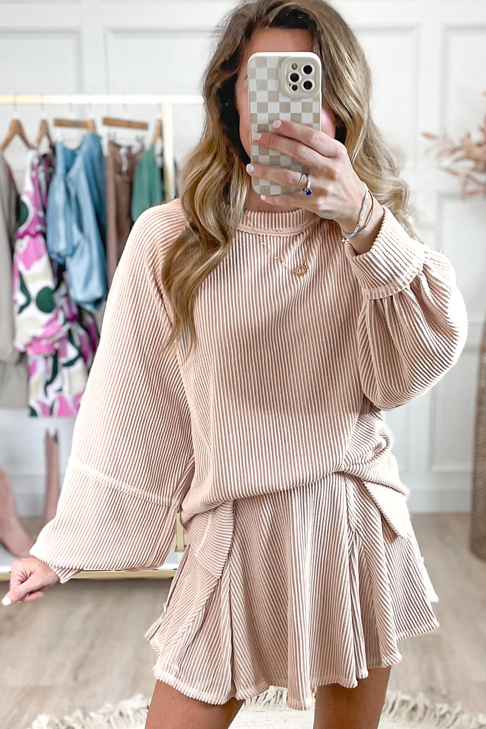 Corded Lantern Sleeve Pullover and Ruffle Mini Skirt Set
