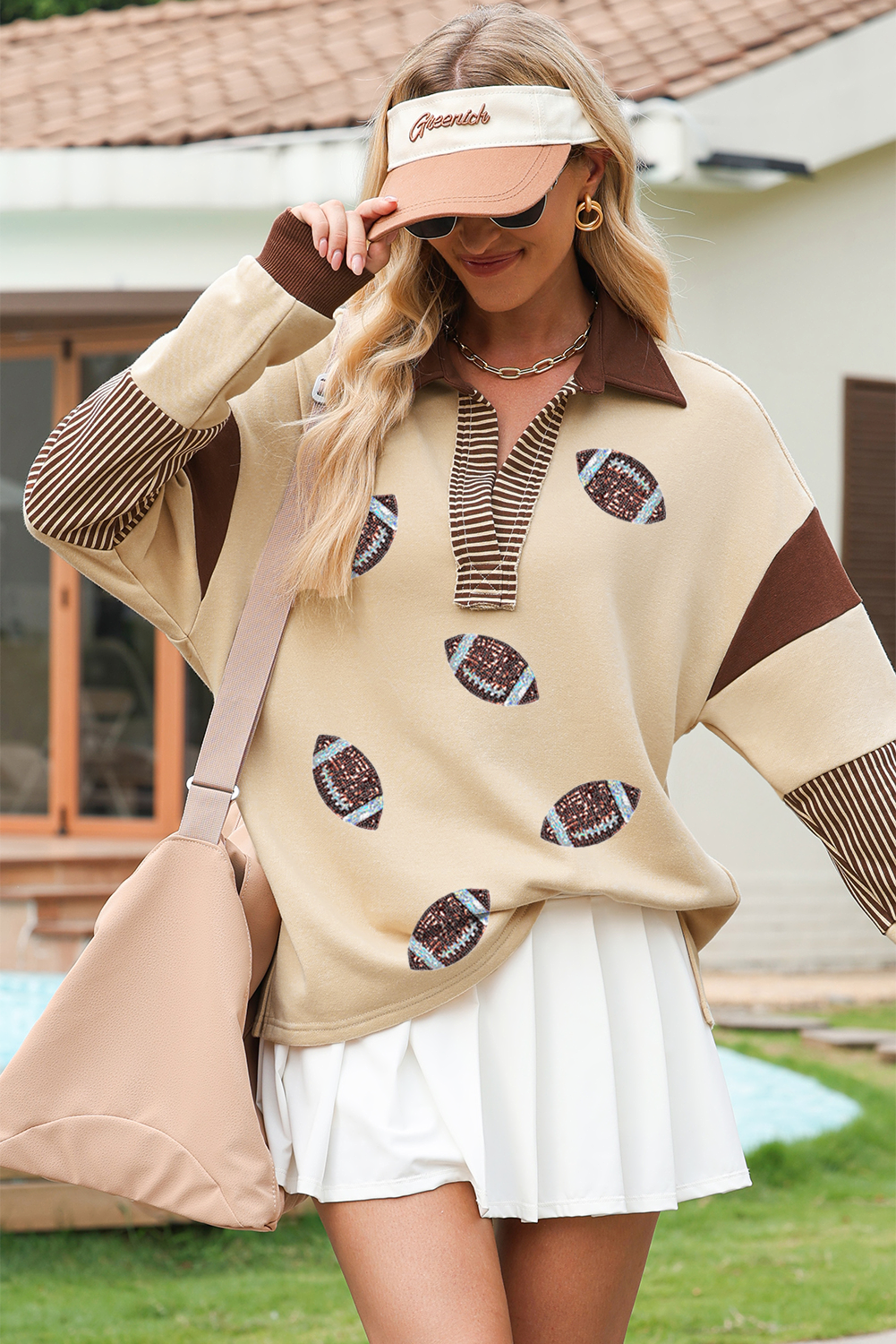 Light French Beige Football Sequins Patch Striped Patchwork Polo Sweatshirt