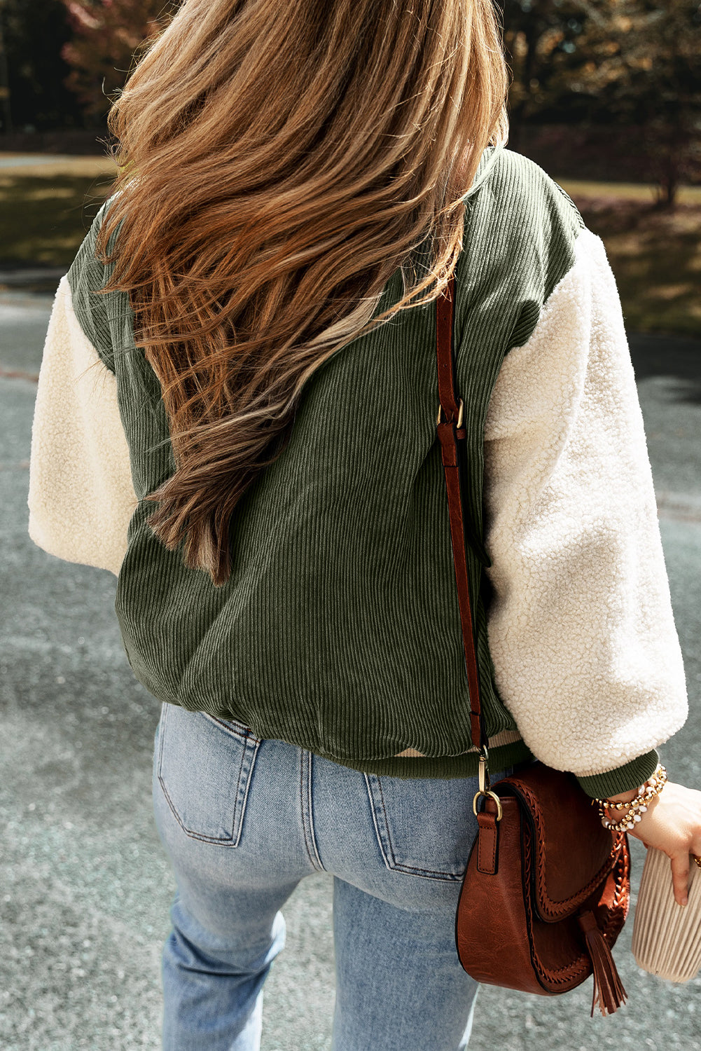 Mist Green Corduroy Fleece Patchwork Buttoned Bomber Coat