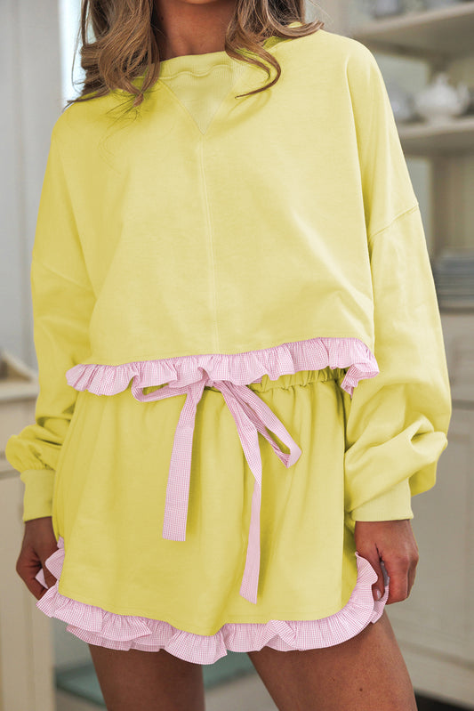 Yellow Gingham Ruffle Hem Long Sleeve Pullover and Shorts Lounge Set