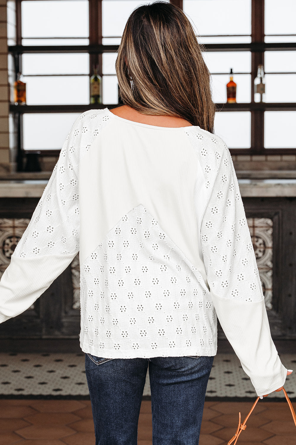 Embroidered Patchwork V-Neck Top – White