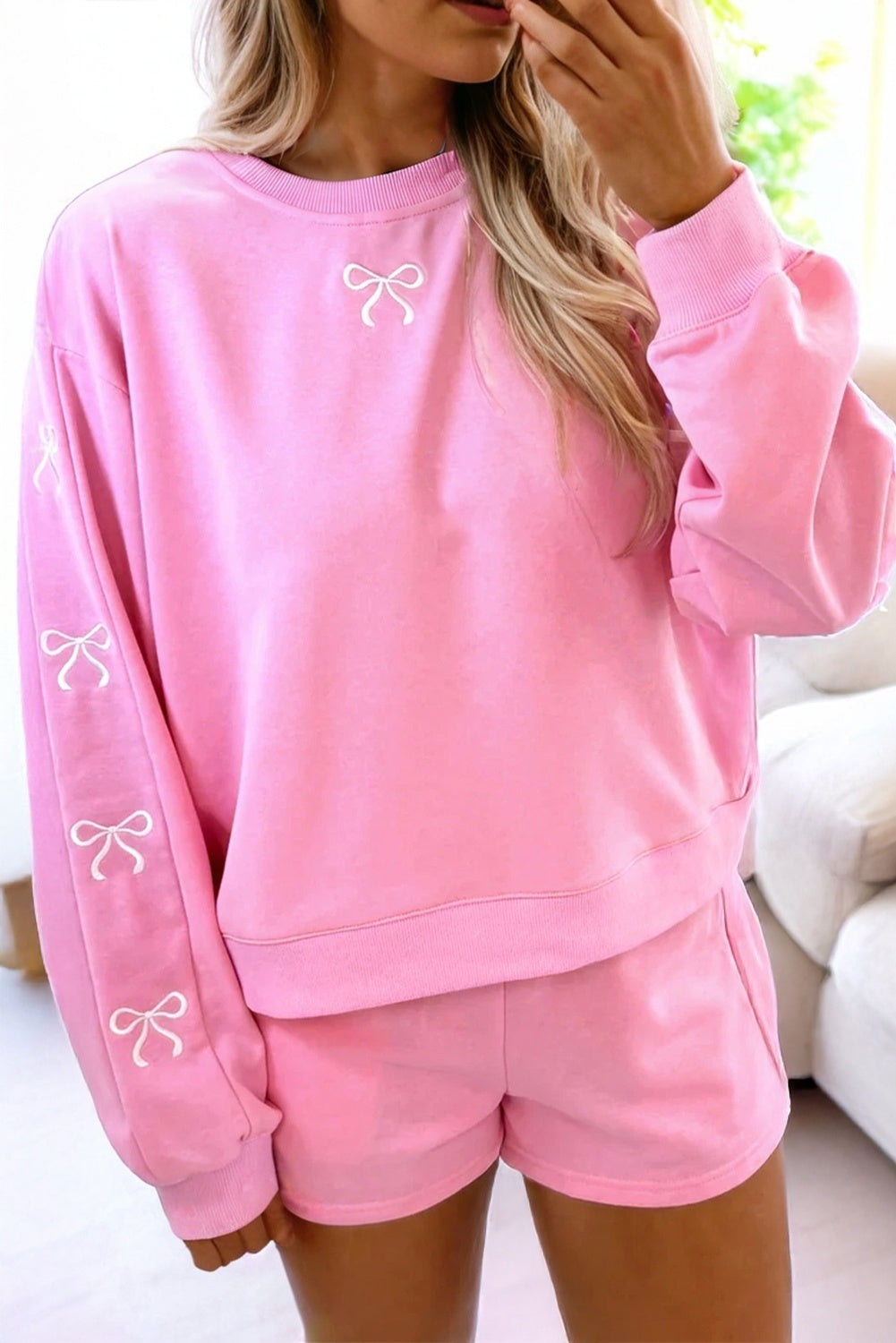 Pink Girly Bow Embroidered Detail Puff Sleeve Pullover Two Piece Short Set