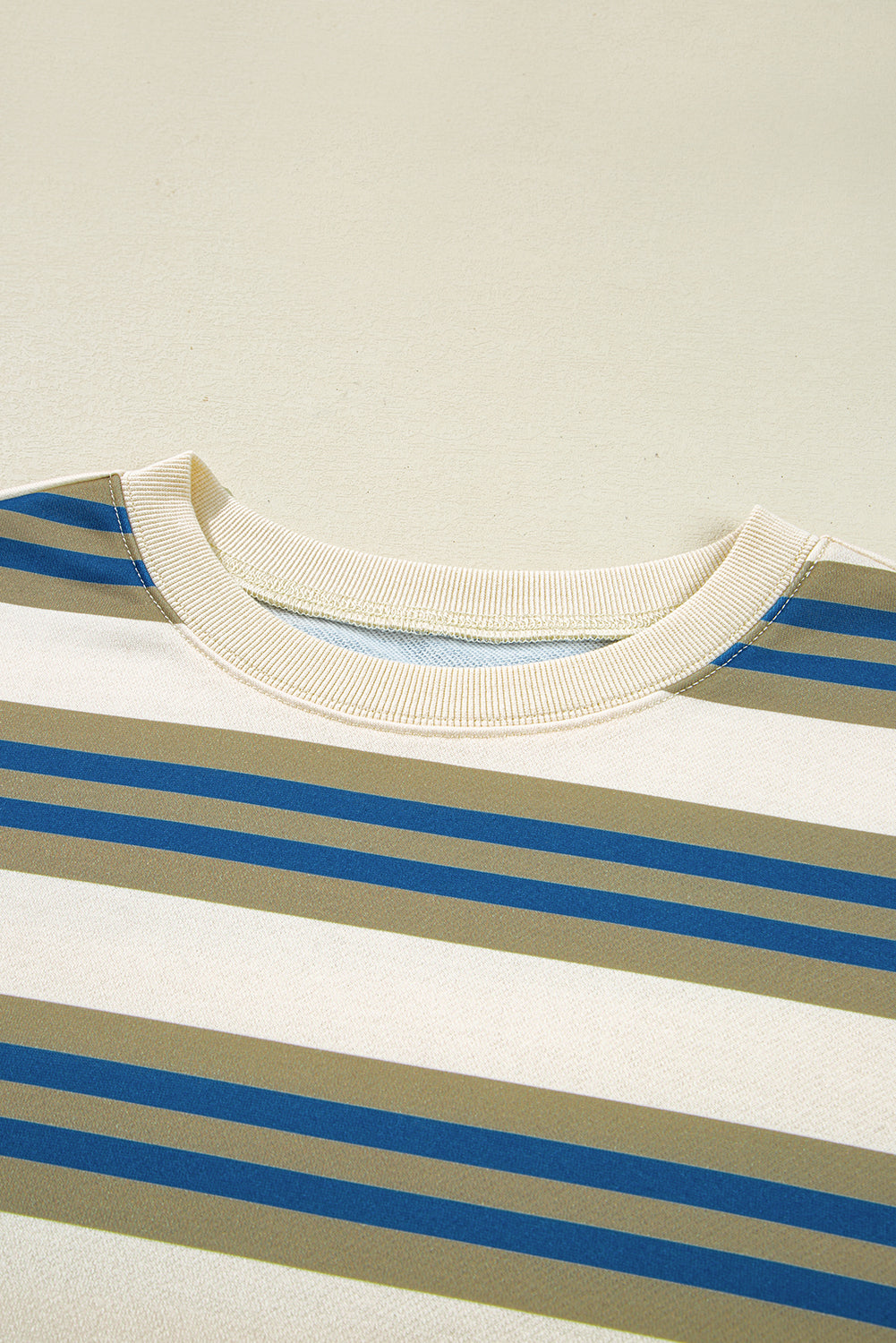 Khaki Striped Crew Neck Drop Shoulder Pullover Sweatshirt
