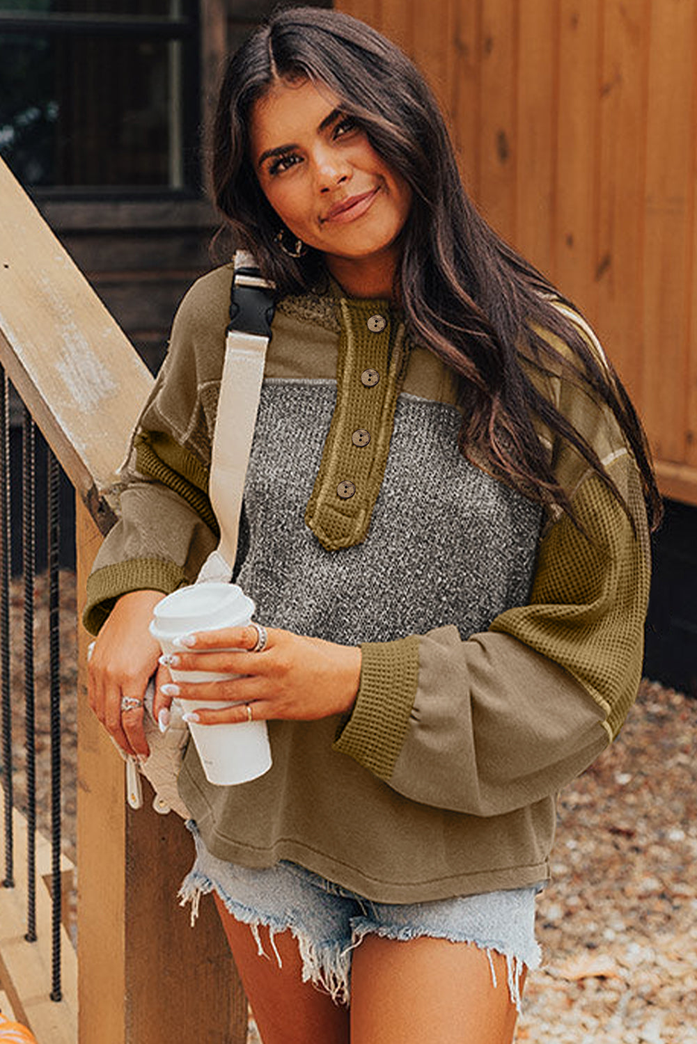 Green Mixed Texture Patchwork Exposed Seam Half Button Pullover Hooded Sweatshirt
