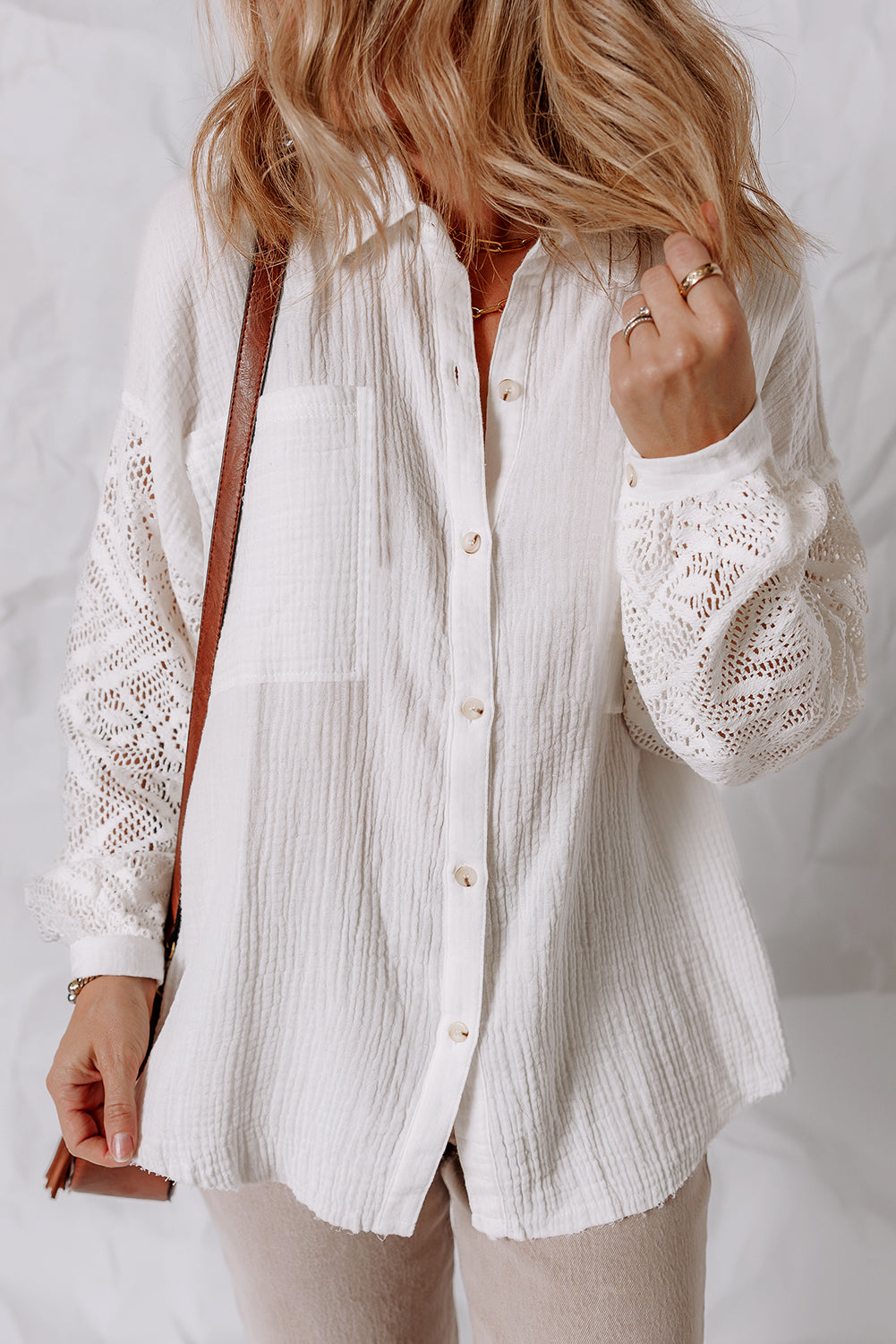 Lace Patchwork Cotton Gauze Shirt with Button Detail