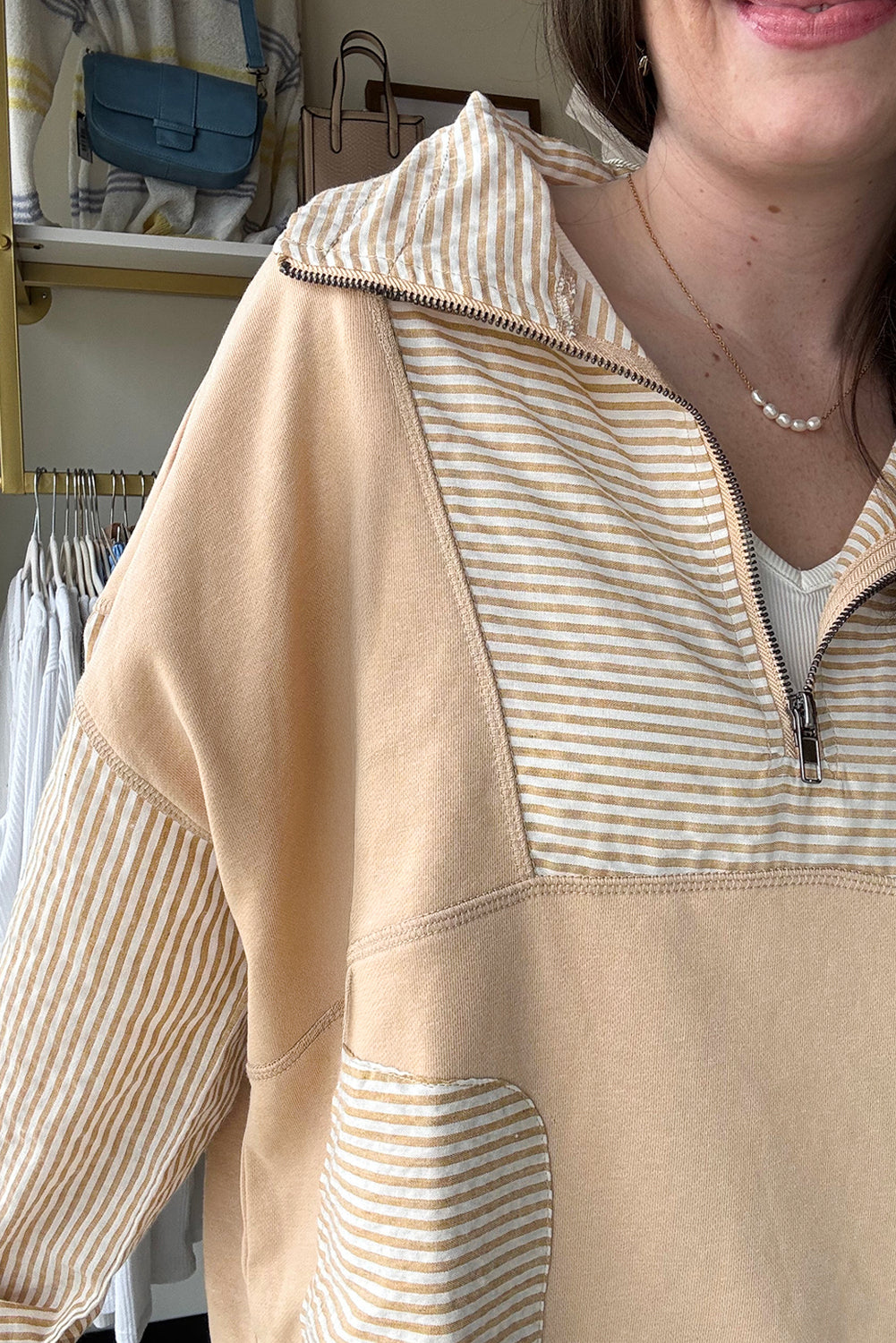 Quarter Zip Striped Patchwork Drop Shoulder Loose Long Sleeve Top