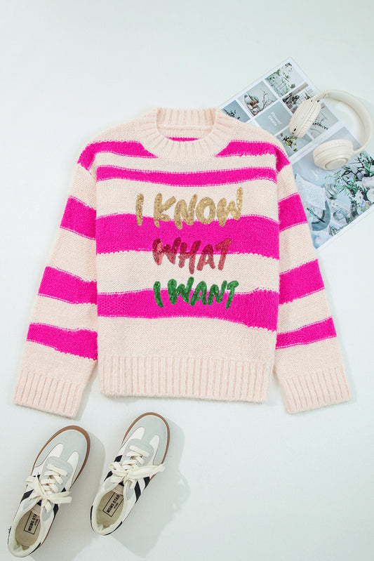 Rose Striped I Know What I Want Sequin Letter Graphic Colorblock Loose Sweater