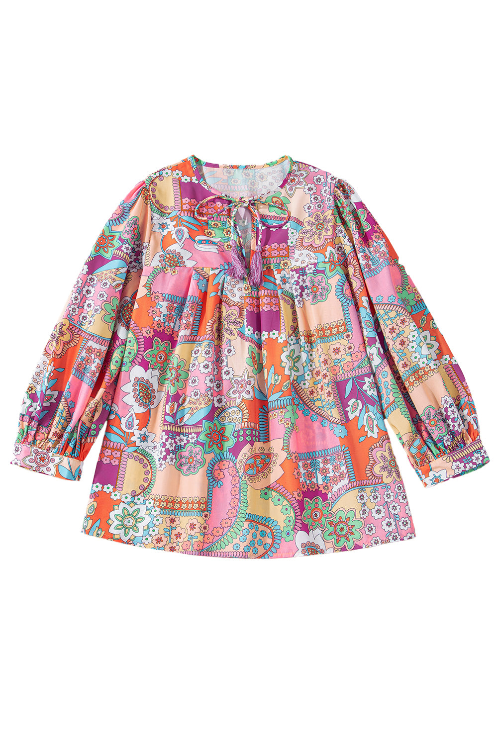 Multicolour Boho Floral Tie V Neck Pleated Blouse