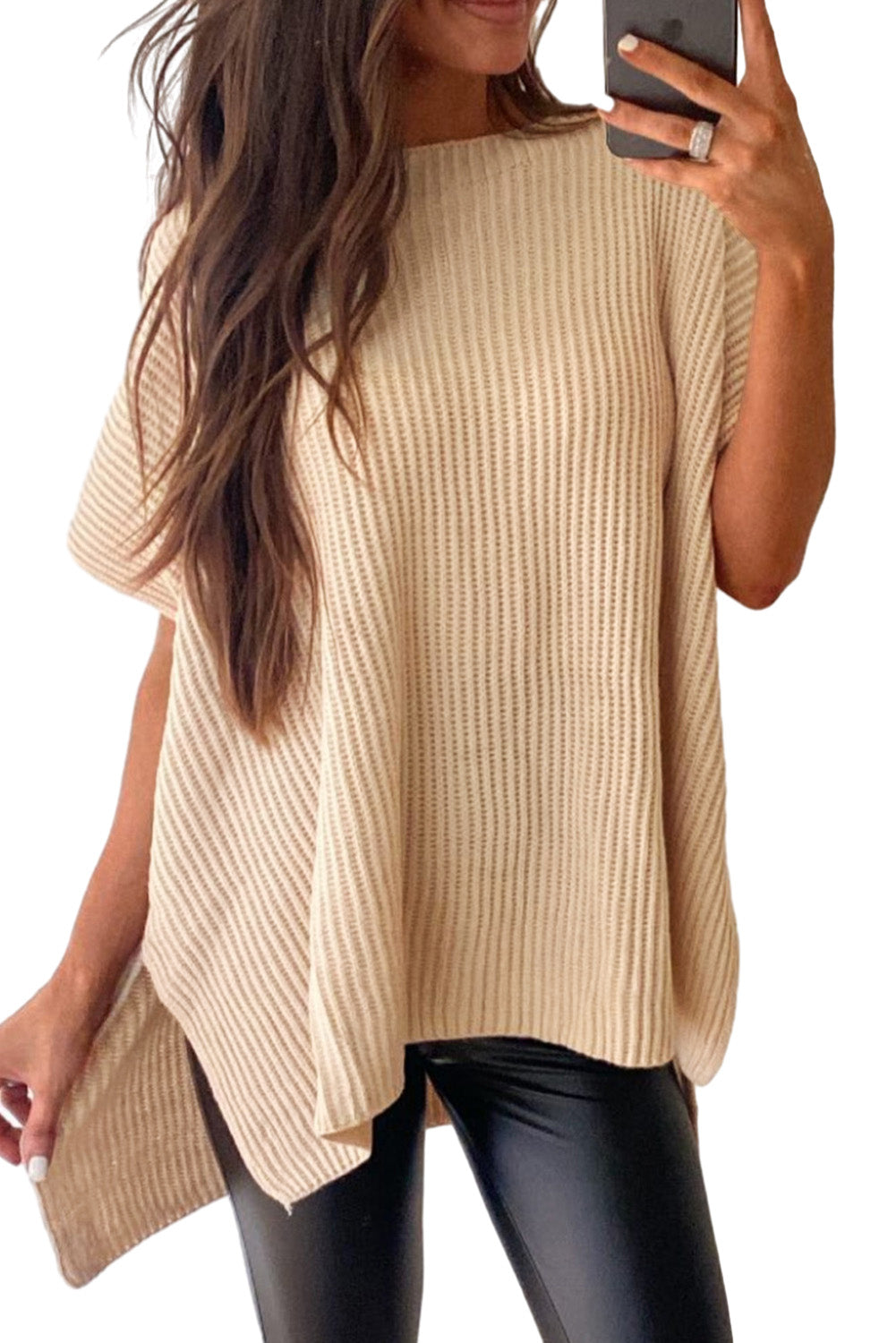 Gray Side Slit Short Dolman Sleeve Knitted Oversized Top