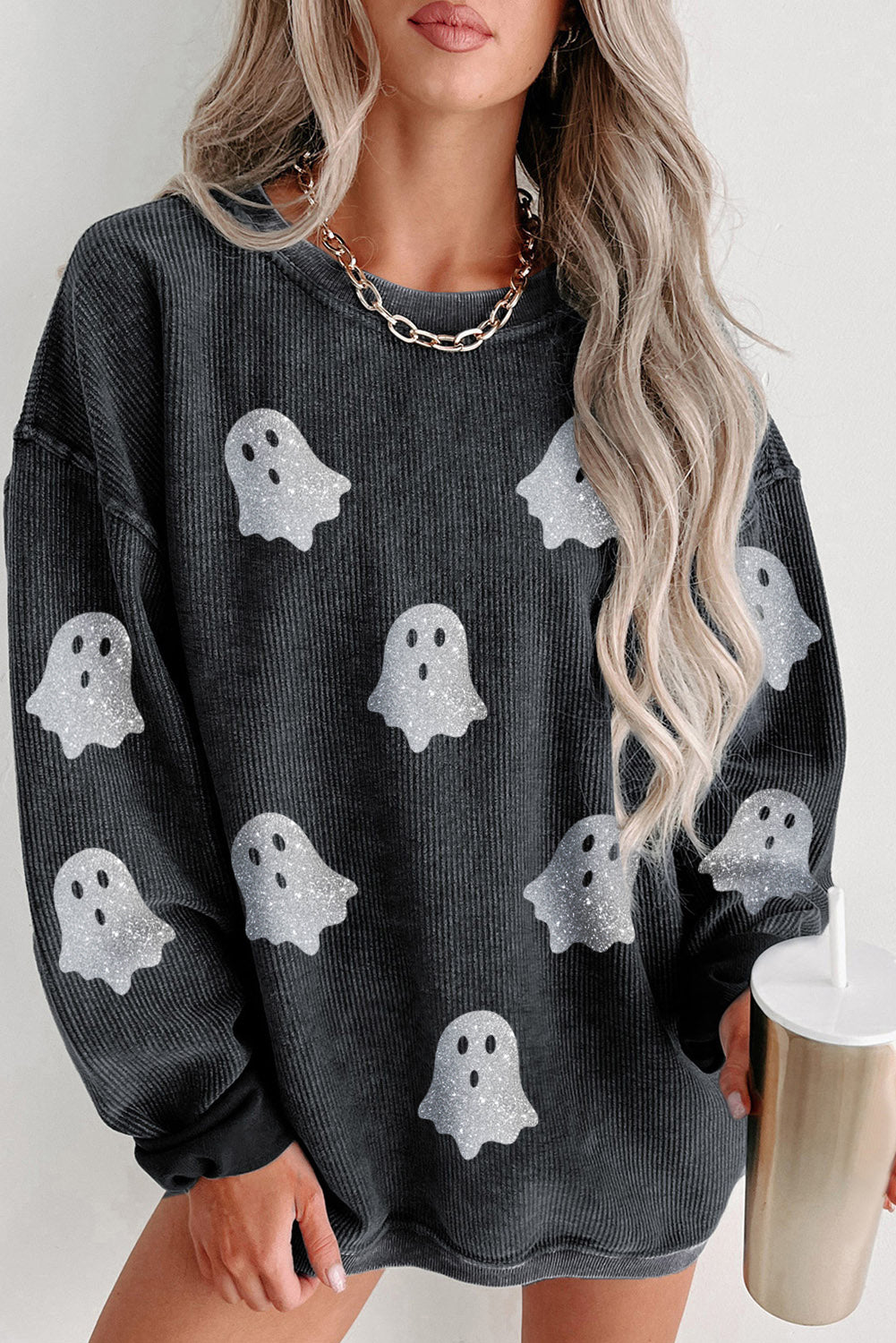 Gray Halloween Ghost Corded Crew Neck Loose Sweatshirt