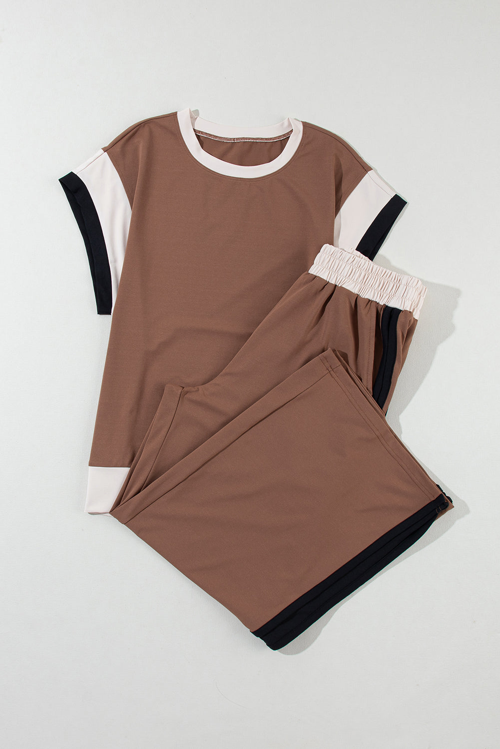 Chestnut Color Block Detail Casual Two piece Outfit