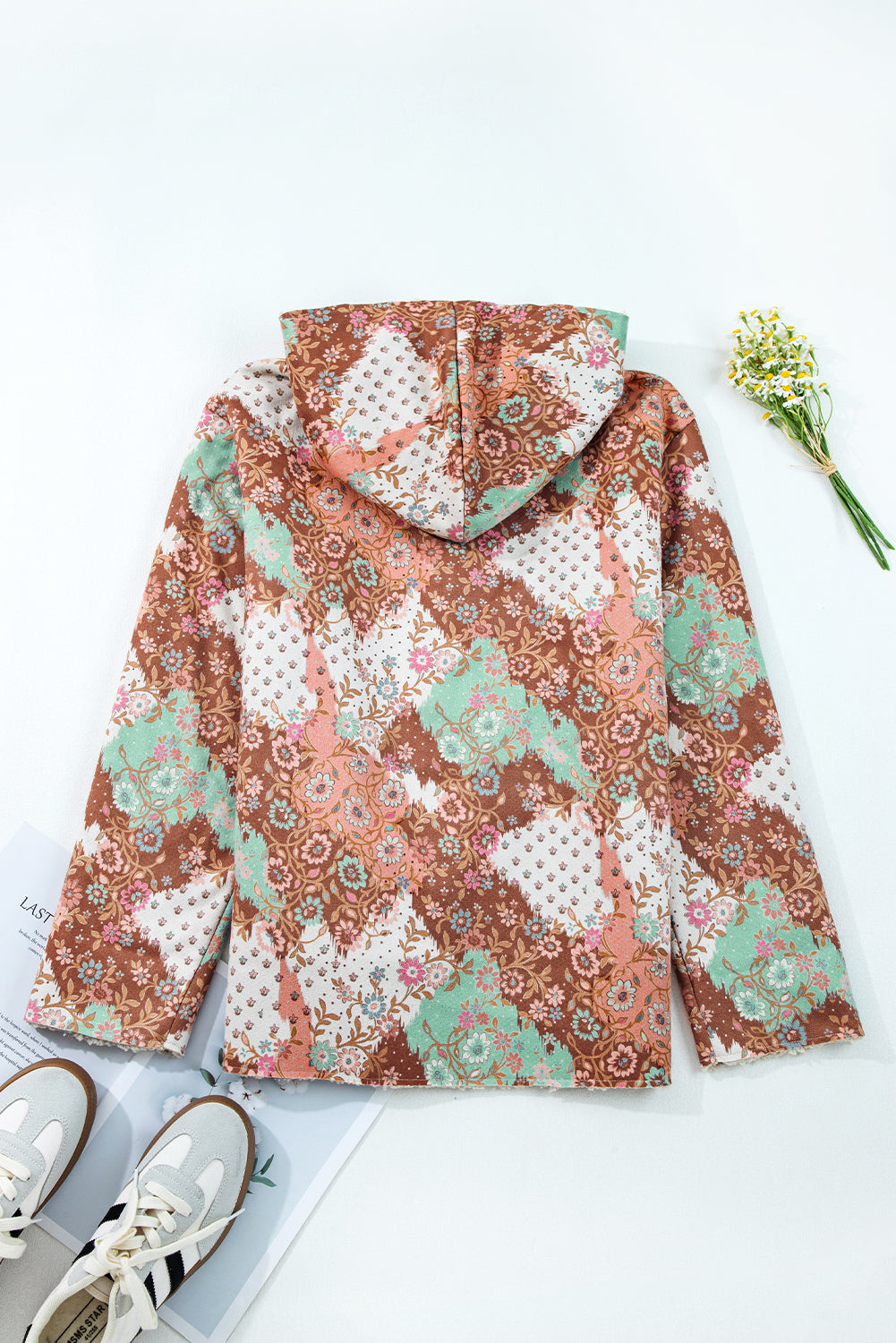 Vintage Floral Printed Sherpa Lined Hooded Jacket