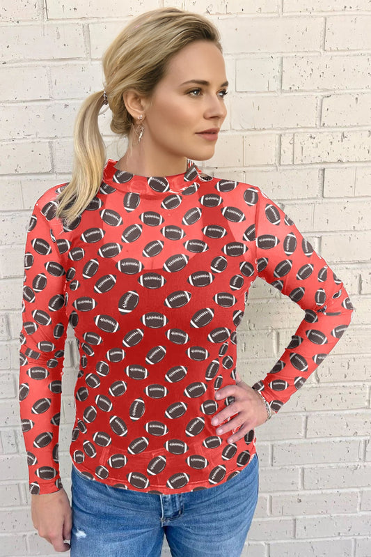 Red Game Day Football Mesh Sheer Long Sleeve Top