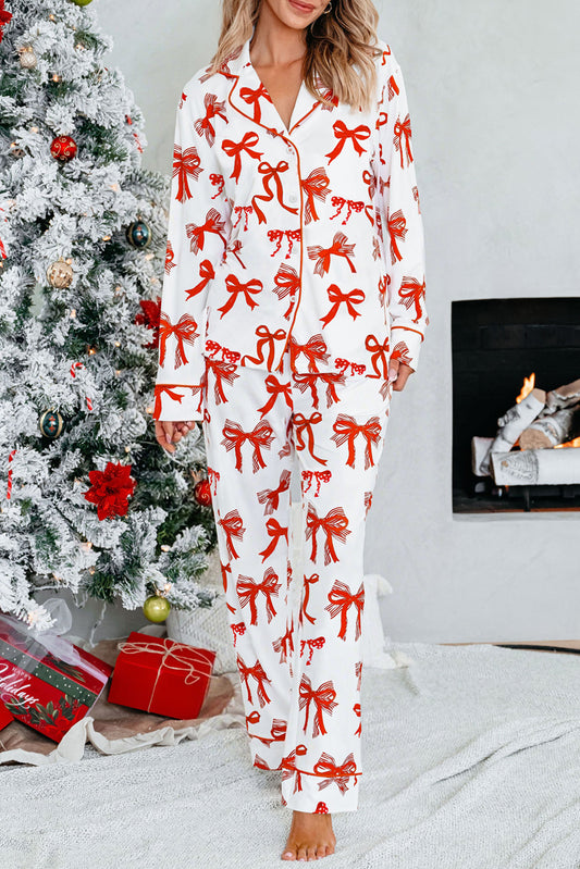 Red Christmas Bow Print Long Sleeve Two Piece Pajama Set
