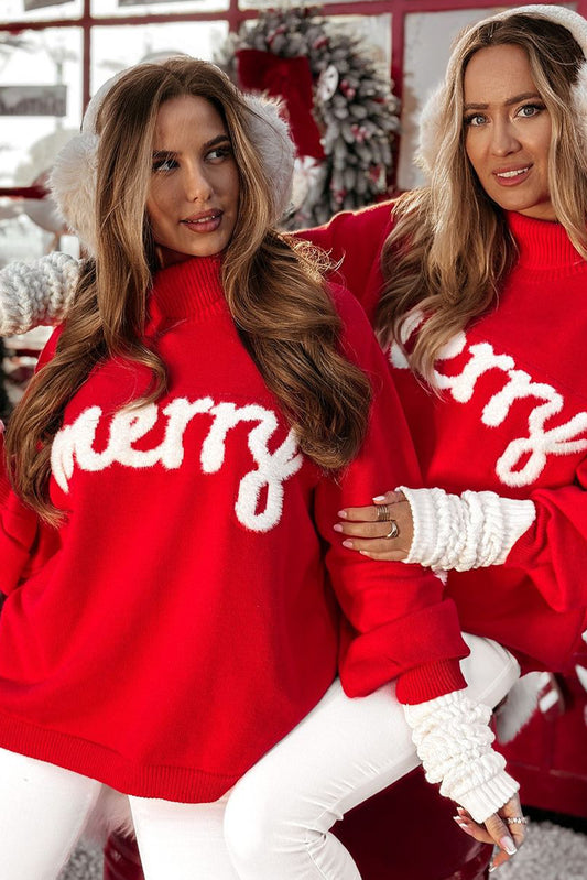 Red Merry Snowflake Pattern Christmas Turtleneck Sweater
