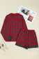 Red Plaid Contrast Patched Christmas Holiday Long Sleeve Shirt and Short Two Piece Pajama Set