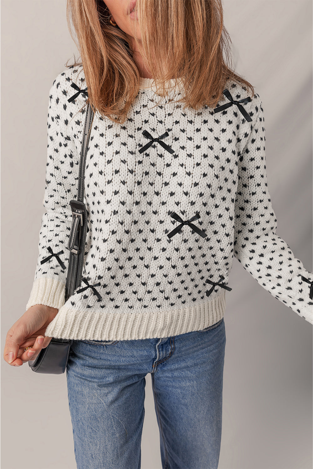 Bow Detail Ribbed Trim Crew Neck Sweater