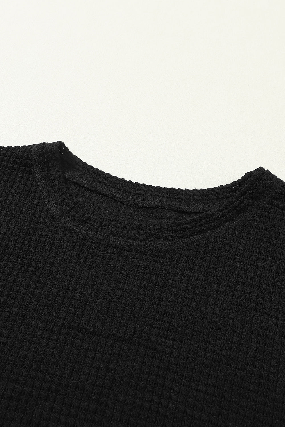 Black Plain Waffle Knit Drop Sleeve Side Slits Oversized Top