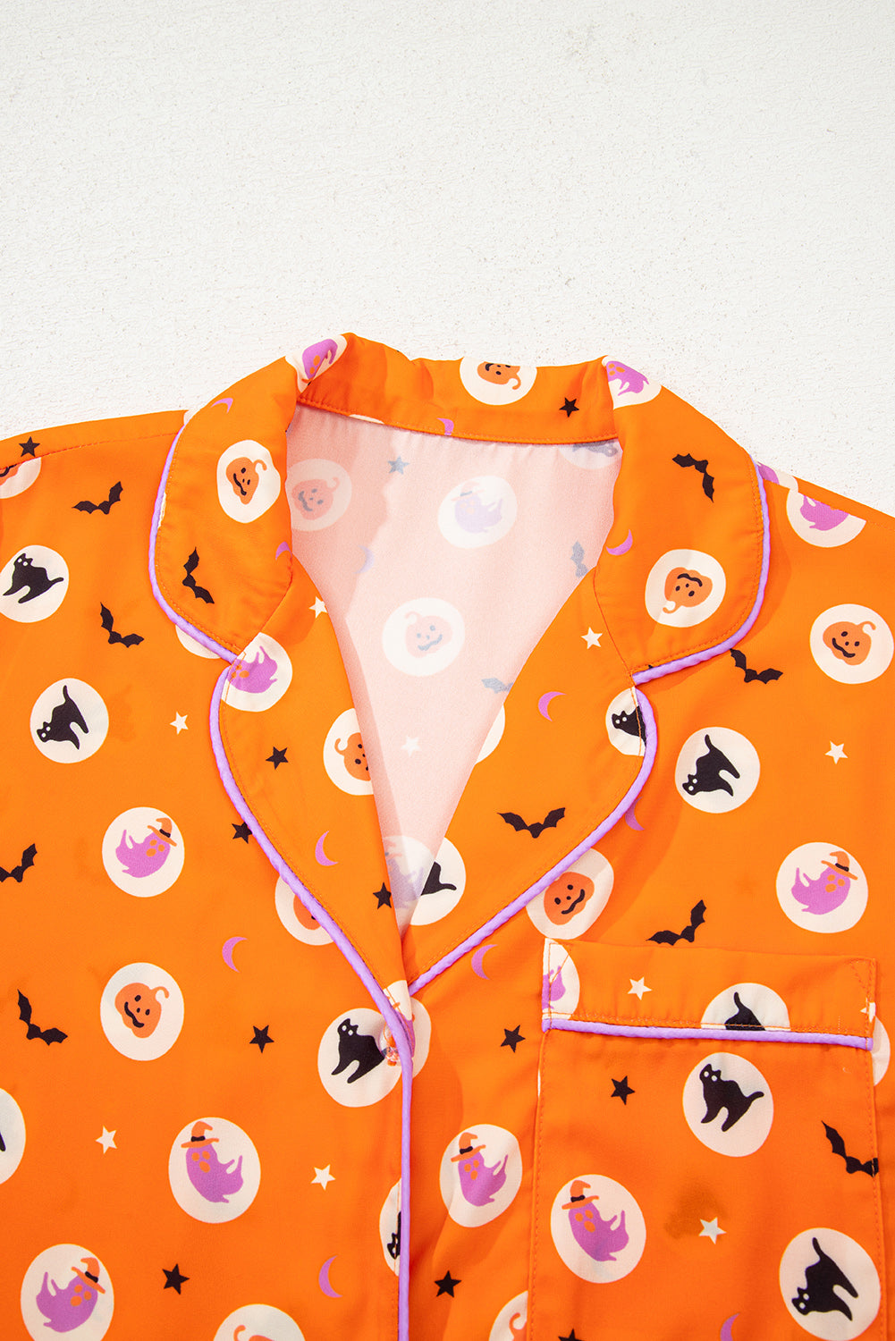 Orange Halloween Print Lapel Shirt and Pants Pajama Set