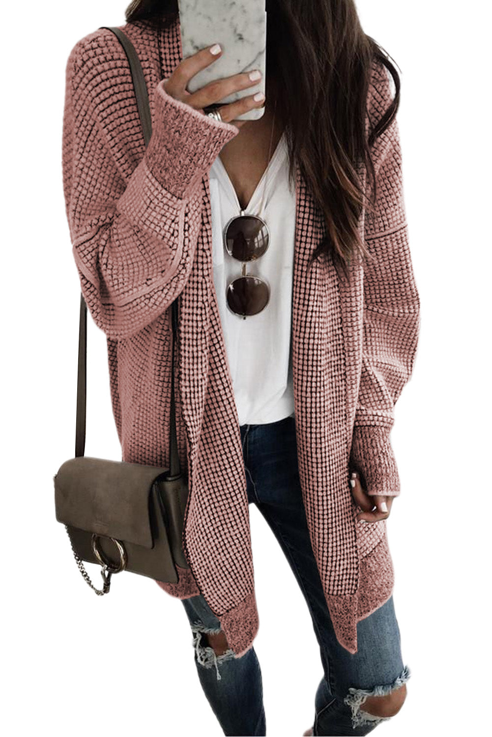 Rose Plaid Contrast Trim Casual Knit Long Cardigan