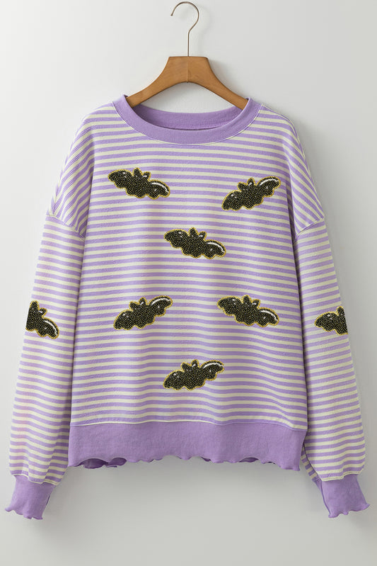 Purple Stripe Sequin Halloween Bat Patched Drop Shoulder Long Sleeve Top