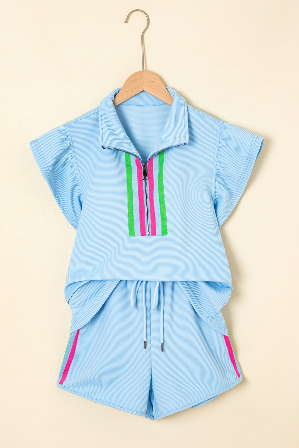 Blue Striped Detail Flutter Sleeve Zipped Collar Short Set