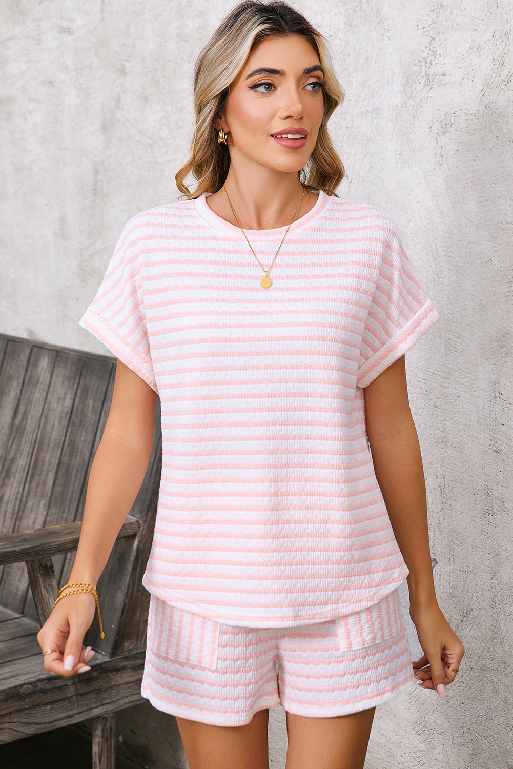 Pretty Pink Stripe Lounge Set – Top & Pocket Shorts