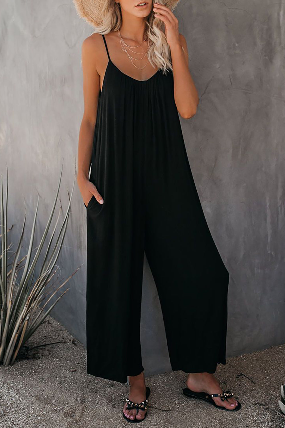 Grey Casual Spaghetti Straps Wide Leg Pocketed Jumpsuits