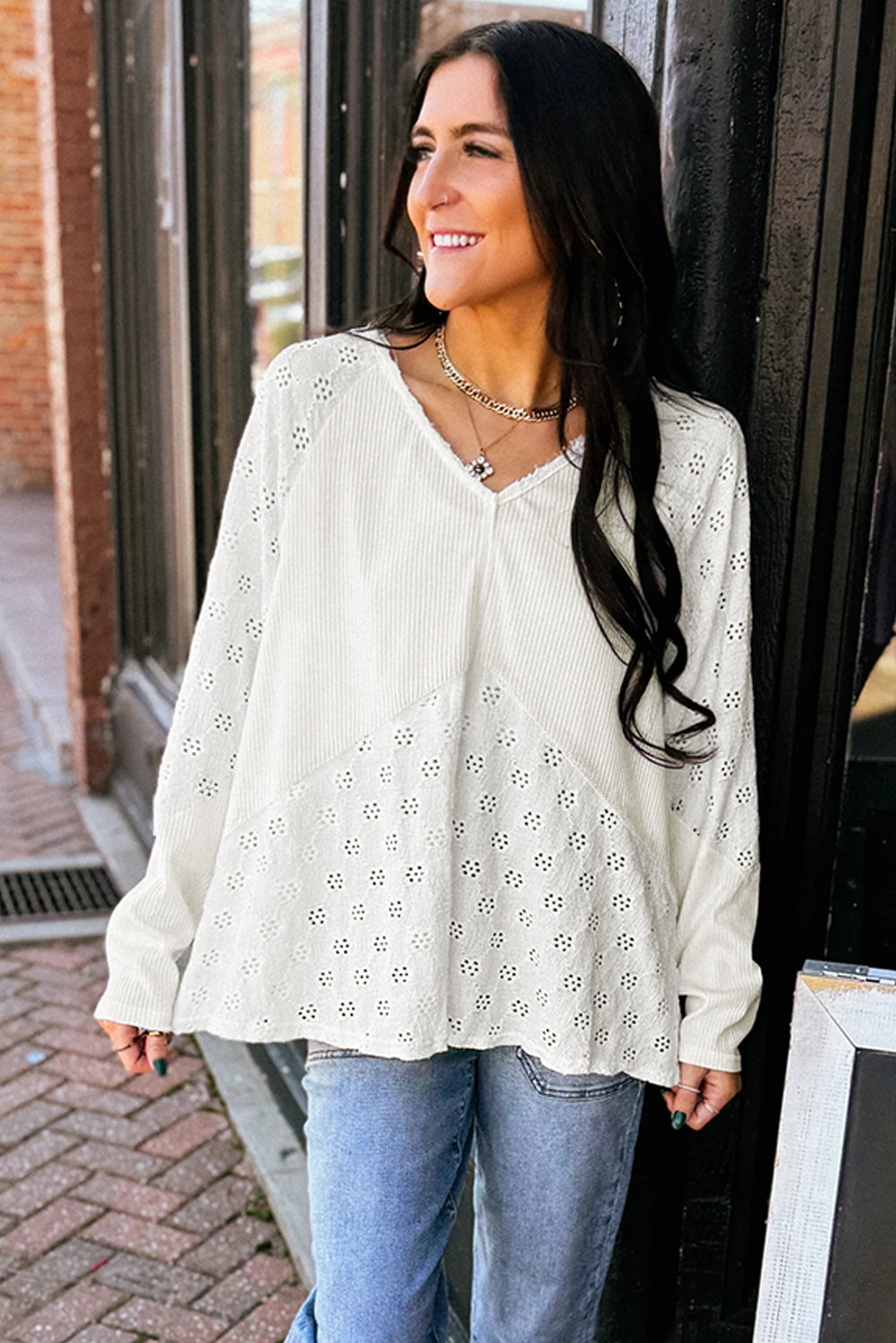 Embroidered Patchwork V-Neck Top – White