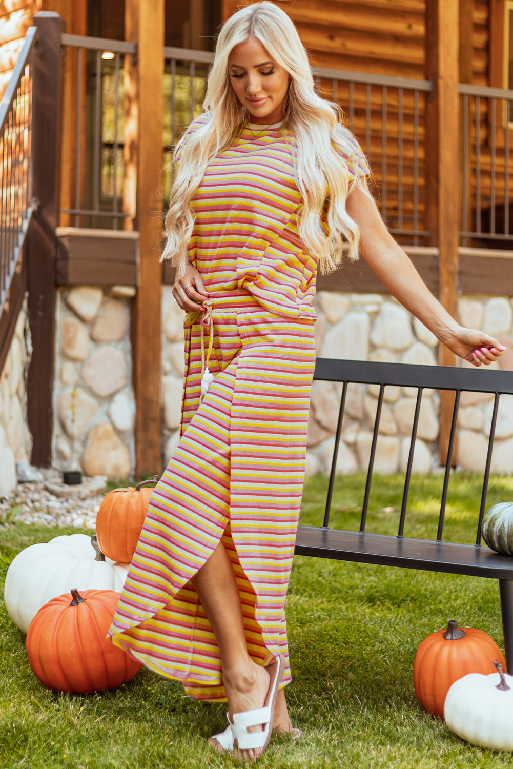 Stripe Rainbow Tee Tasseled String Wide Leg Pants Set
