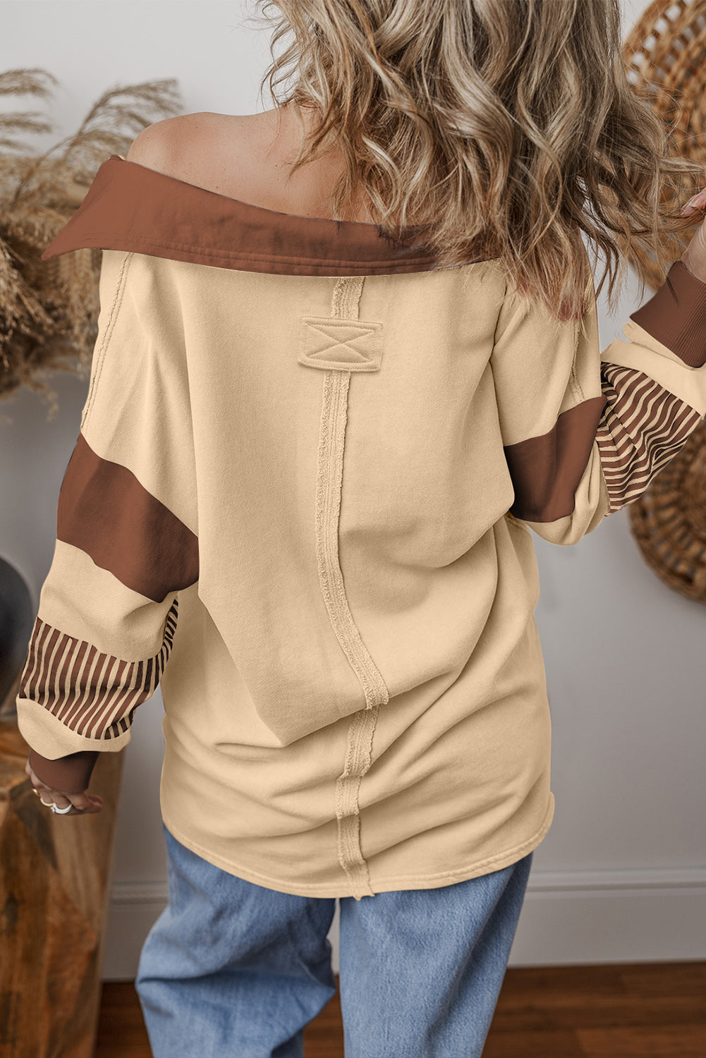 Light French Beige Football Sequins Patch Striped Patchwork Polo Sweatshirt