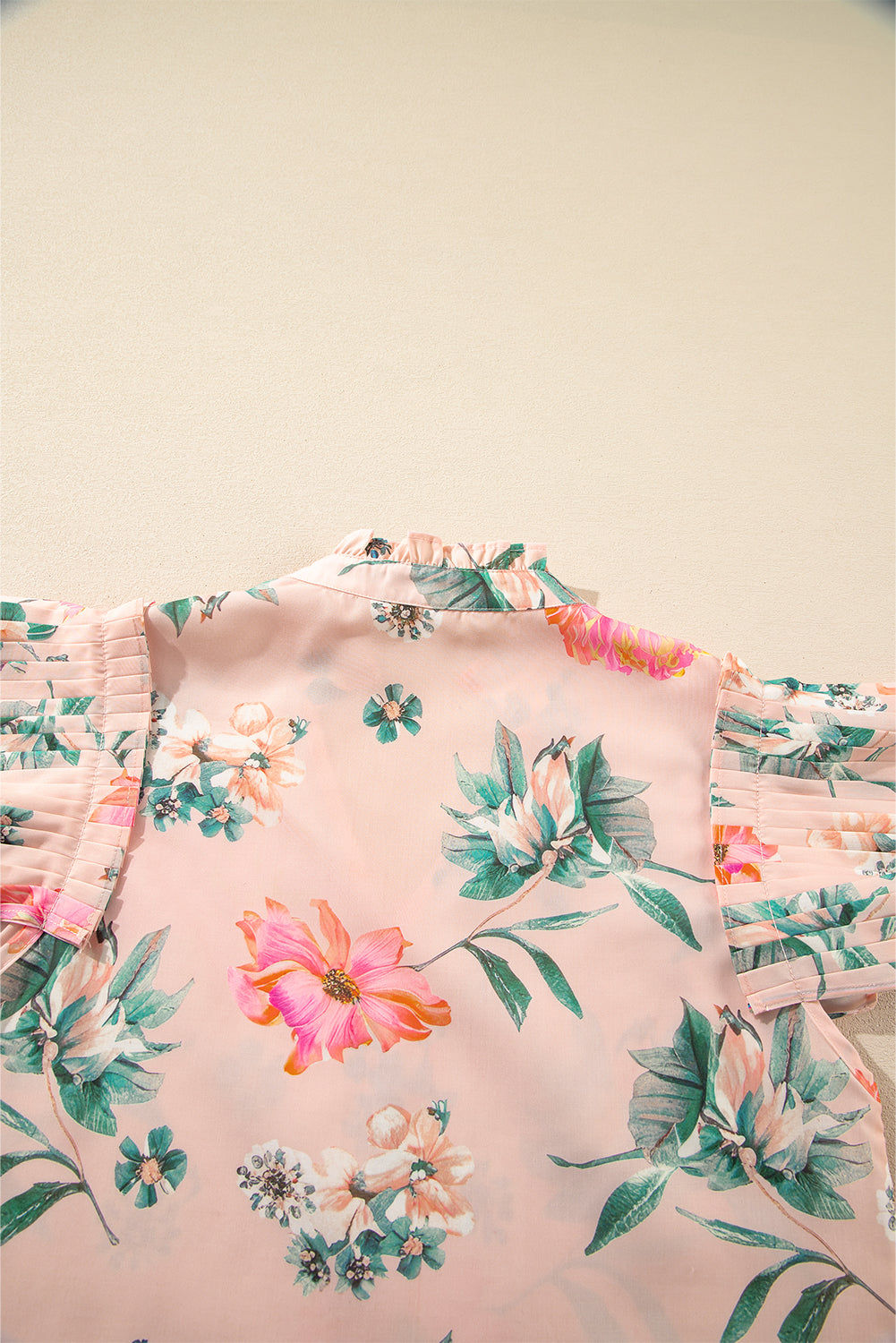 Pink Floral Print Frill V-Neck Pleated Sleeve Blouse