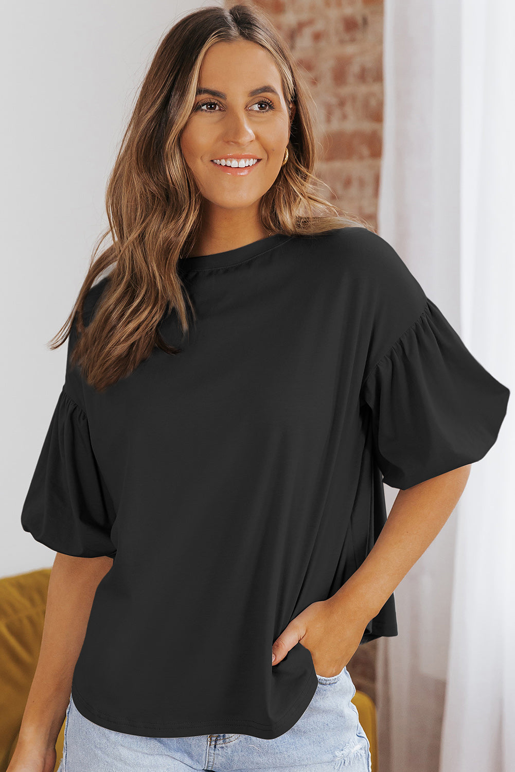 Puff Sleeve Curved Hem Blouse