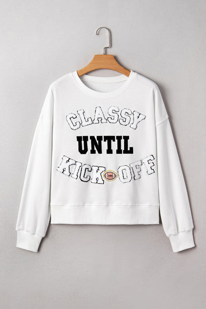 White Classy Until Kickoff Football Plush Letter Patched Loose Sweatshirt