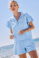 Beau Blue Ribbed Texture Half Zip Ruffled Short Sleeve Top and Shorts Set