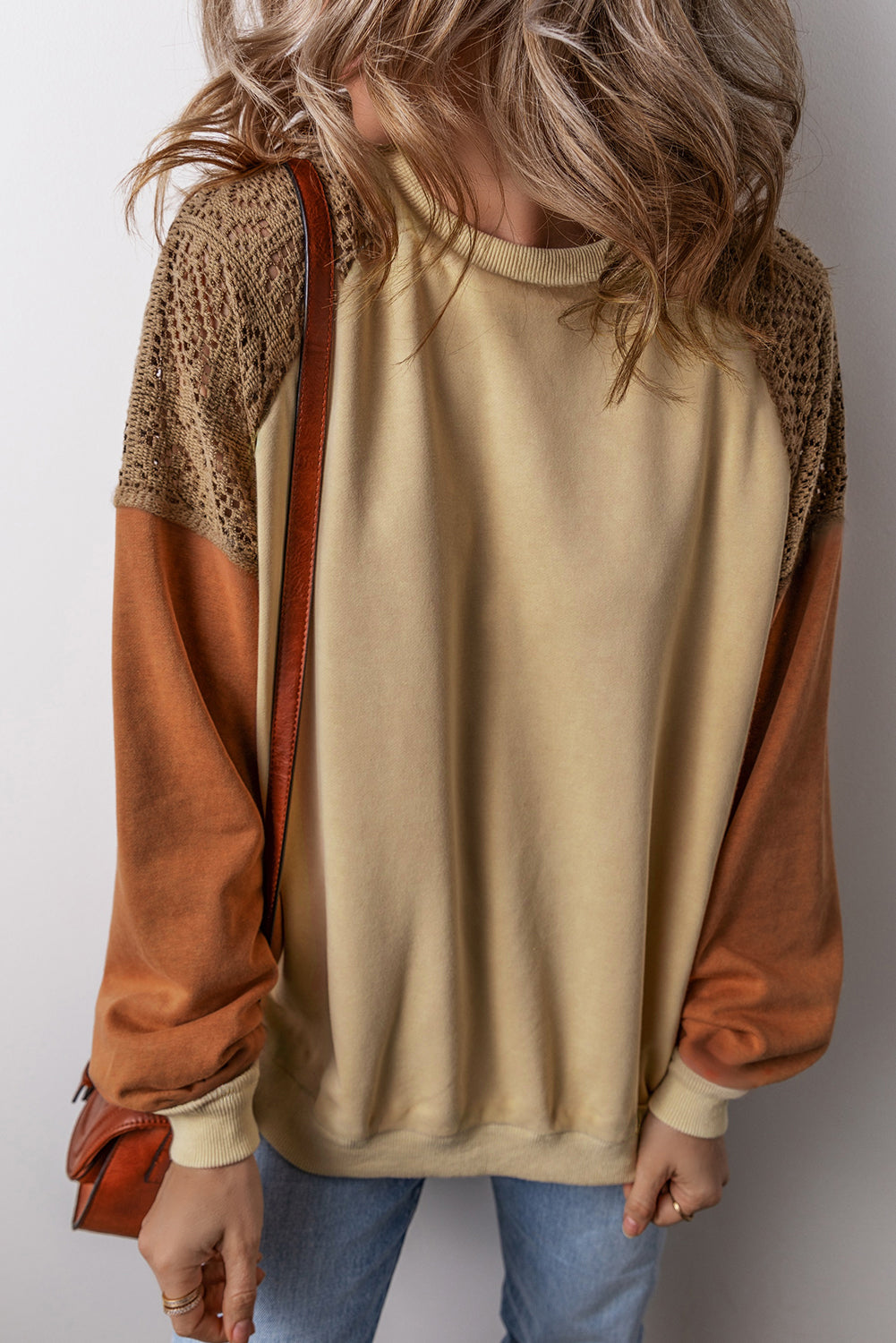 Khaki Crochet Patchwork Raglan Sleeve Sweatshirt