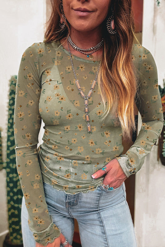 Boho Bloom Slim-Fit Floral Mesh Long Sleeve Top