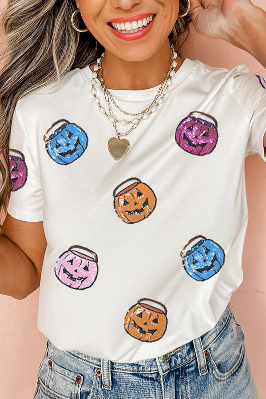White Sequin Pumpkin Face Patched Crew Neck Holiday T-Shirt