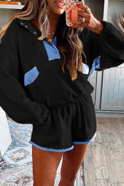 Black Colorblock Patchwork Half Button Pullover and Shorts Outfit