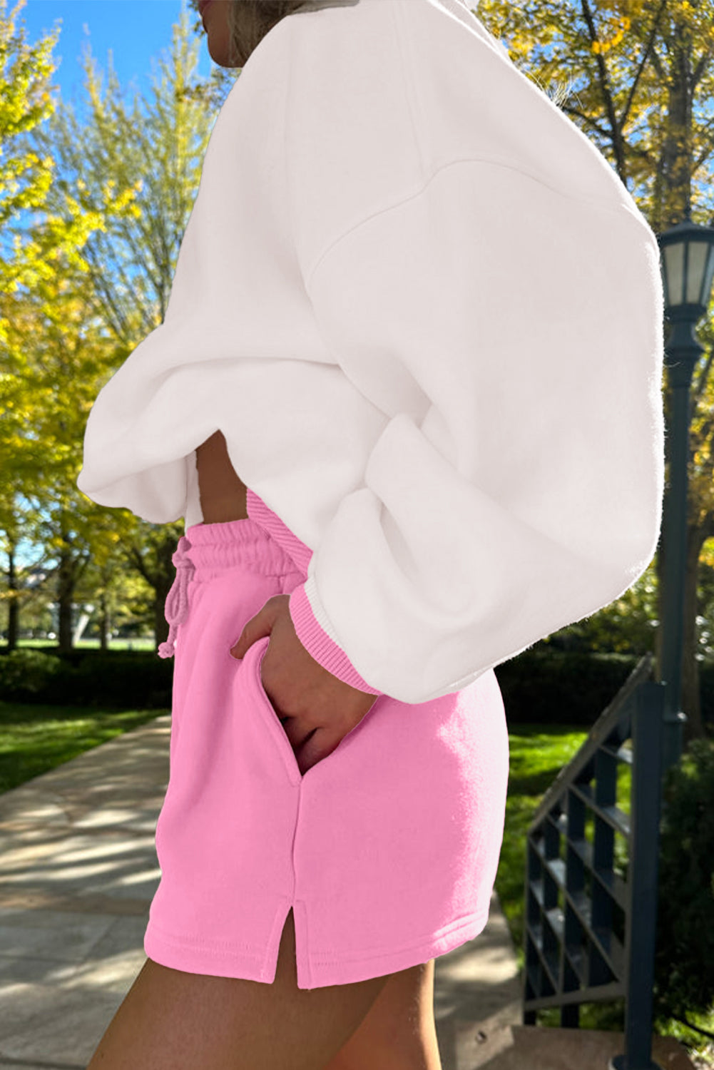 Colorblock Drop Shoulder Pullover & Drawstring Shorts Set
