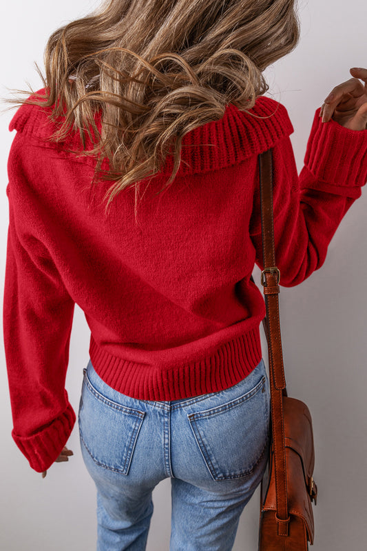 Red Collared V-Neck Ribbed Edge Elegant Sweater