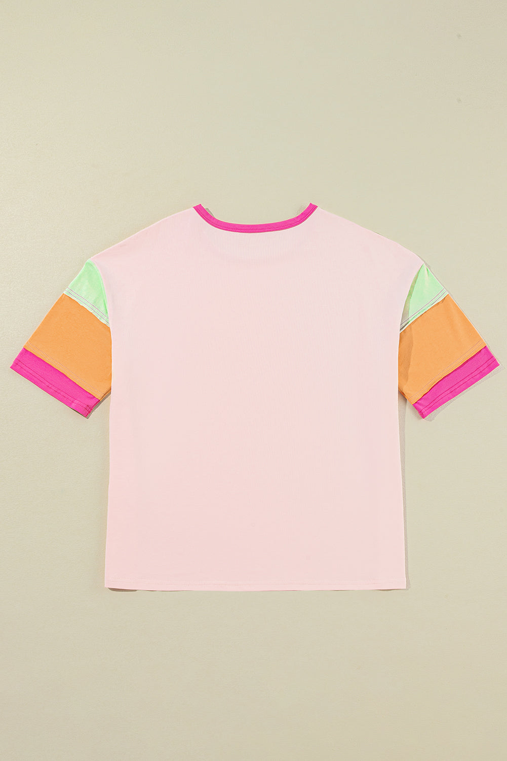 Pink Color Block Sleeve Round Neck Oversize Top