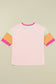 Pink Color Block Sleeve Round Neck Oversize Top