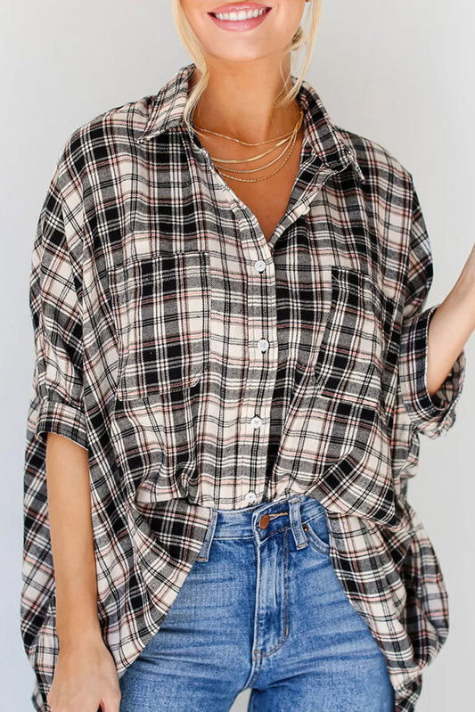 Black Plaid Batwing Sleeve Button Up Shirt