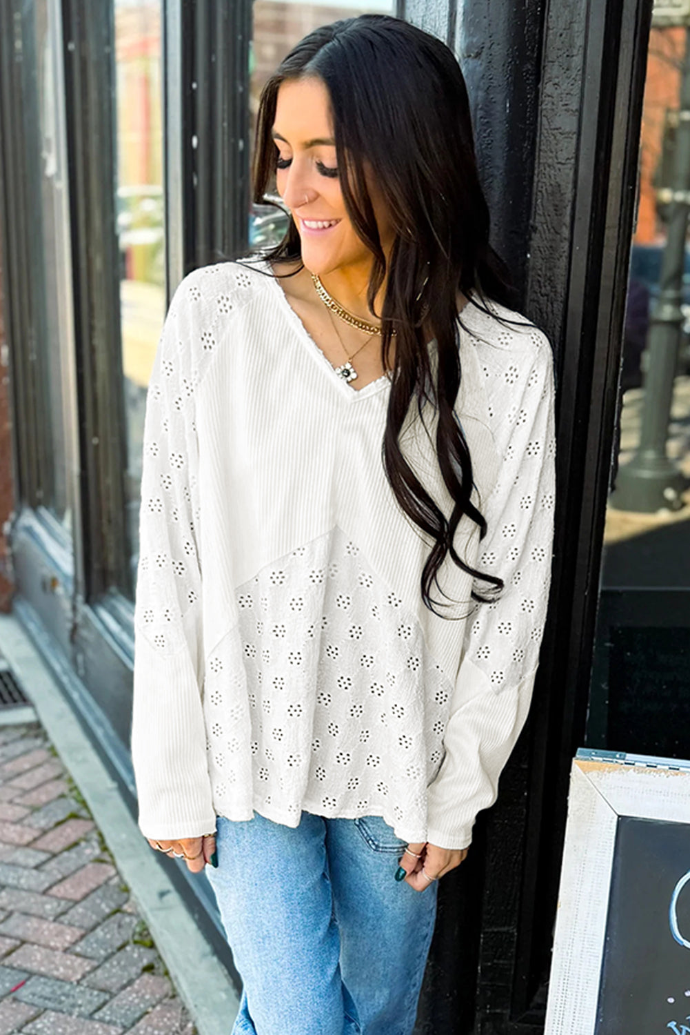 Embroidered Patchwork V-Neck Top – White