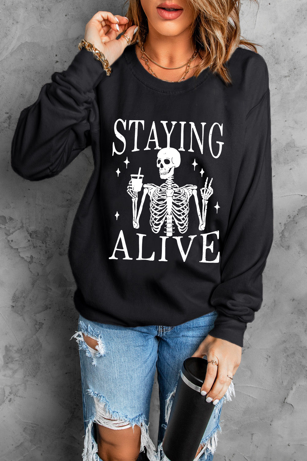 Black STAYING ALIVE Skull Graphic Crewneck Halloween Sweatshirt